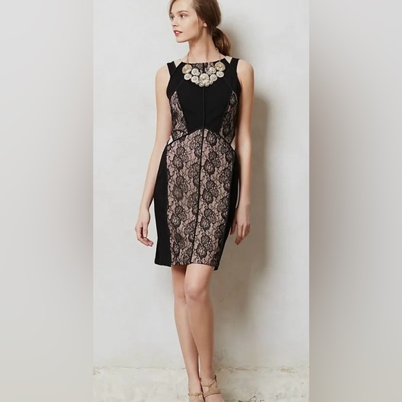 NWT Anthropologie x Maeve black/nude paneled lace bodycon dress, size 10 - Picture 2 of 7